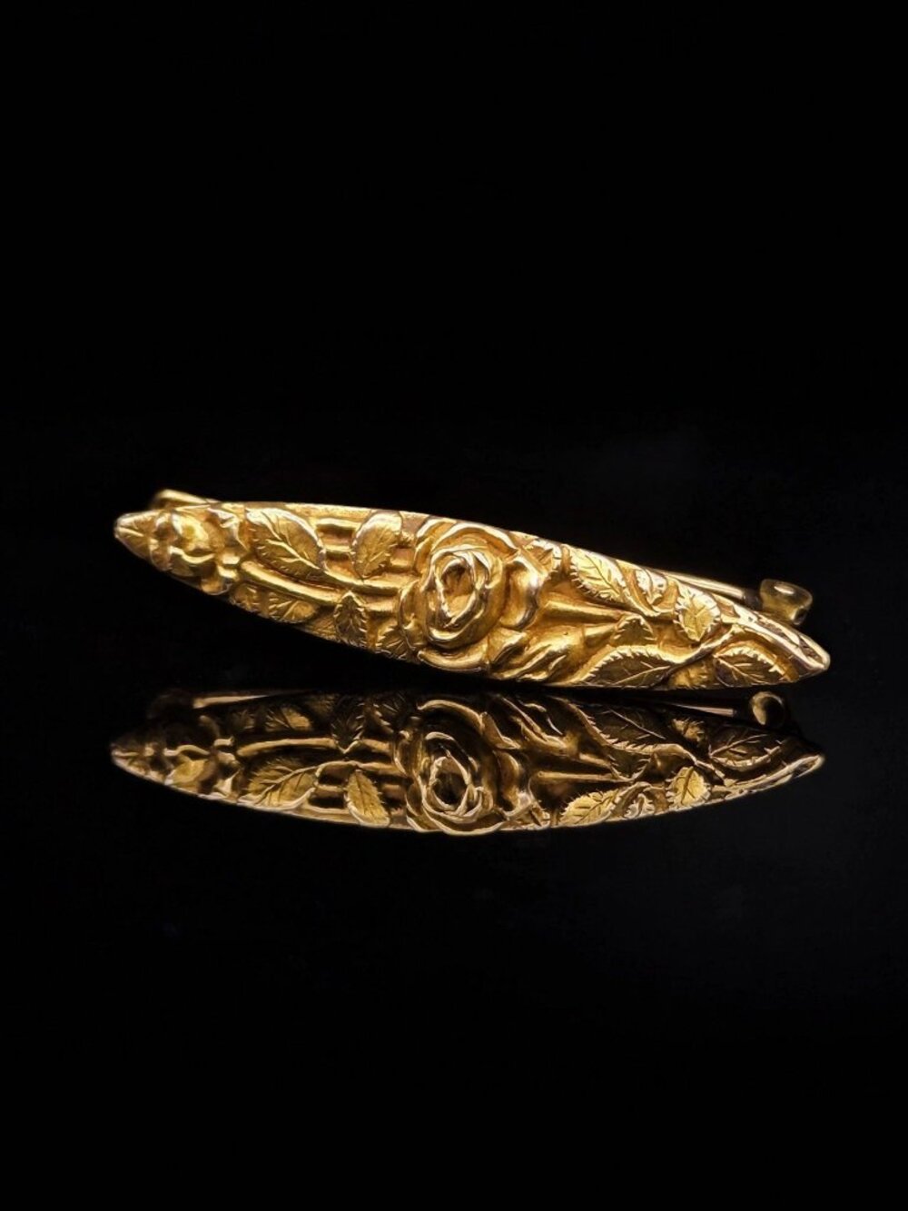 Antique Victorian 9K Gold Rose Bar Brooch - Repousse Floral